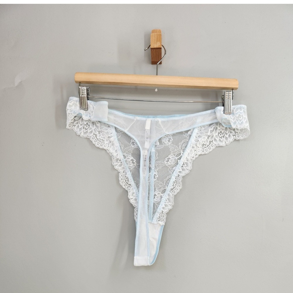 Adore Me Thong Panty Womens 5X Light Blue Lace Mesh Bow Bridal Lingerie Classic - Picture 3 of 5